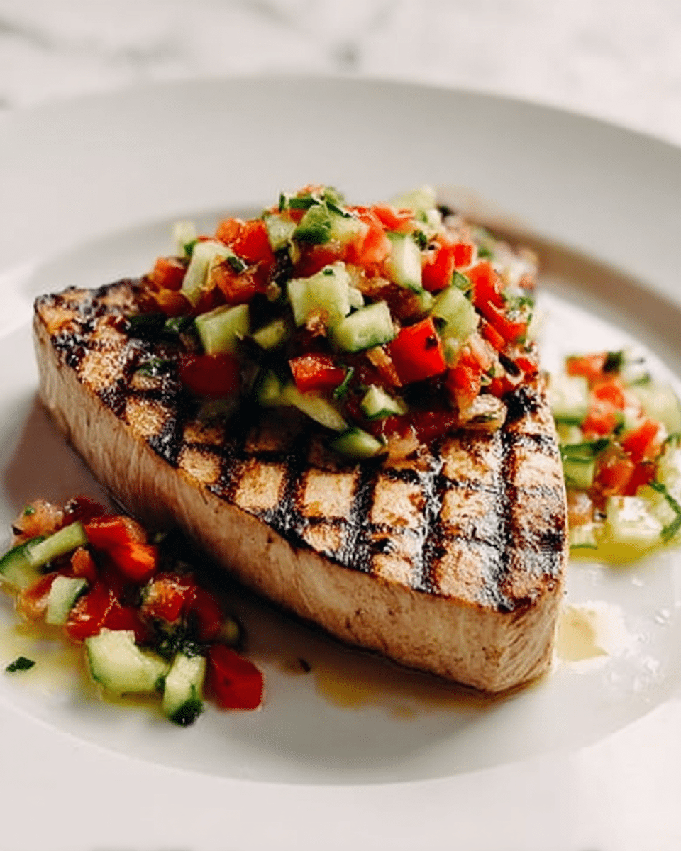 A thick, triangular piece of grilled fish with dark brown grill marks covering the light brown surface sits in the center of a large white plate. On top of the fish is a colorful mix of diced red tomatoes, green cucumbers, and possibly yellow or light green peppers, giving a fresh and bright look. Some of the diced vegetables spill around the fish onto the white plate. The plate rests on a white marbled surface. photo taken with an iphone --ar 4:5 --v 7