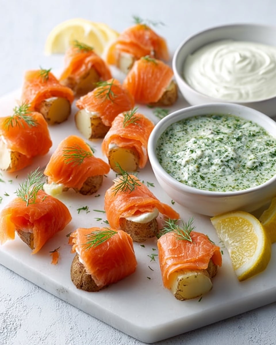 The image shows a white square plate on a white marbled surface holding small bite-sized snacks. Each snack has a piece of small potato cut in half as the base, wrapped with a thin layer of orange smoked salmon that is slightly shiny and smooth. On top of some salmon wraps, there are small green dill sprigs for garnish. The plate also has two lemon wedges placed near the snacks. In the upper right corner of the plate, there are two white round bowls, one filled with a green herb sauce with visible bits of herbs and the other with smooth white cream. photo taken with an iphone --ar 4:5 --v 7