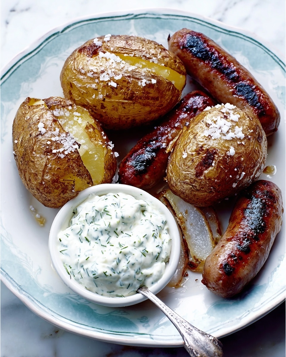 A white plate with a light blue pattern holds four baked potatoes with golden-brown skin sprinkled with coarse salt, three grilled sausages with dark char marks placed on the potatoes and the plate, and a small white bowl filled with creamy white sauce speckled with green herbs. A spoon with a white handle rests next to the bowl on the plate. The plate is on a white marbled surface. photo taken with an iphone --ar 4:5 --v 7