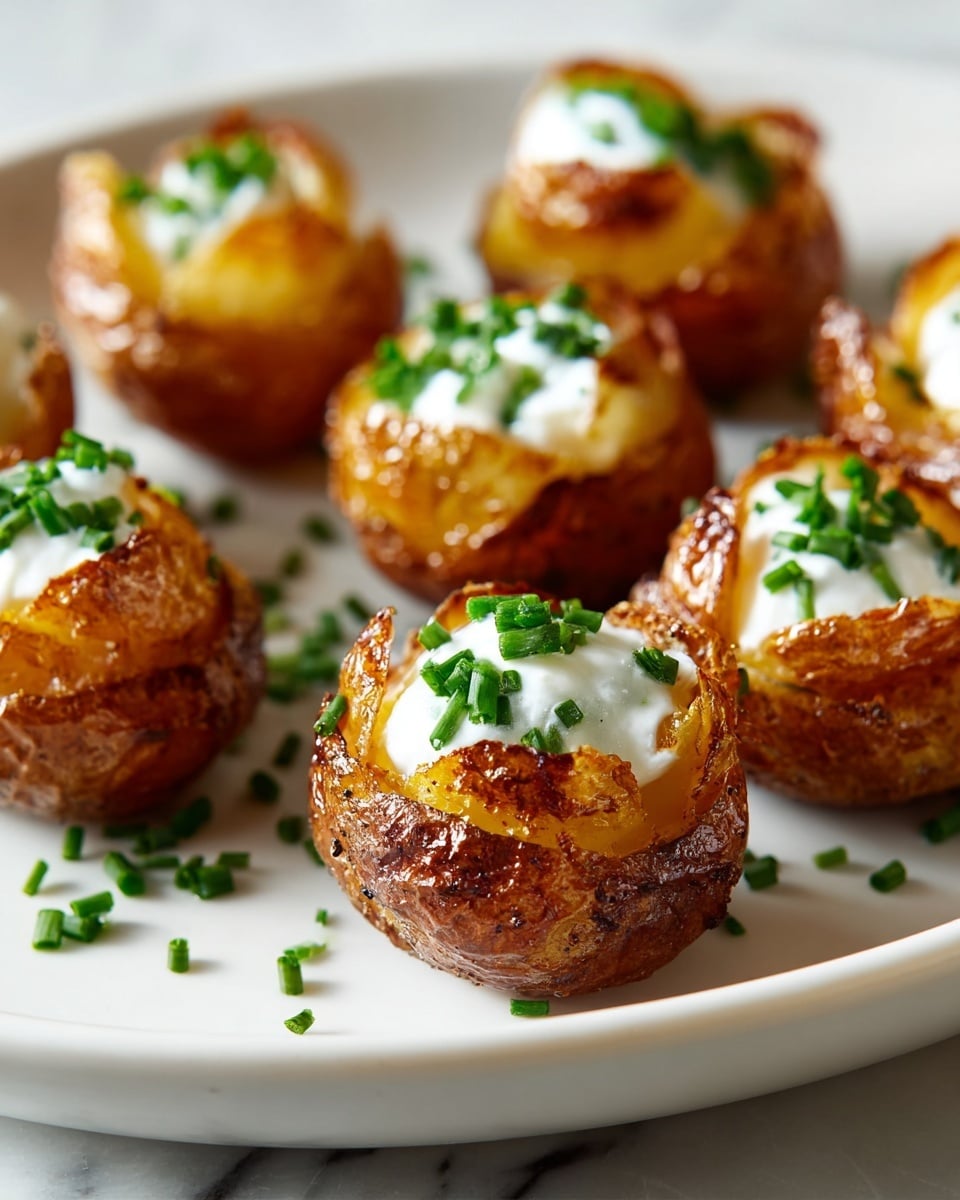 The image shows a white plate with several small roasted potatoes, each split open at the top to reveal a layer of sour cream filling inside. The potatoes have a golden-brown, crispy skin with a slightly rough texture. On top of the sour cream, finely chopped green chives are sprinkled, adding a fresh touch of green color. The plate is placed on a white marbled surface. Photo taken with an iphone --ar 4:5 --v 7