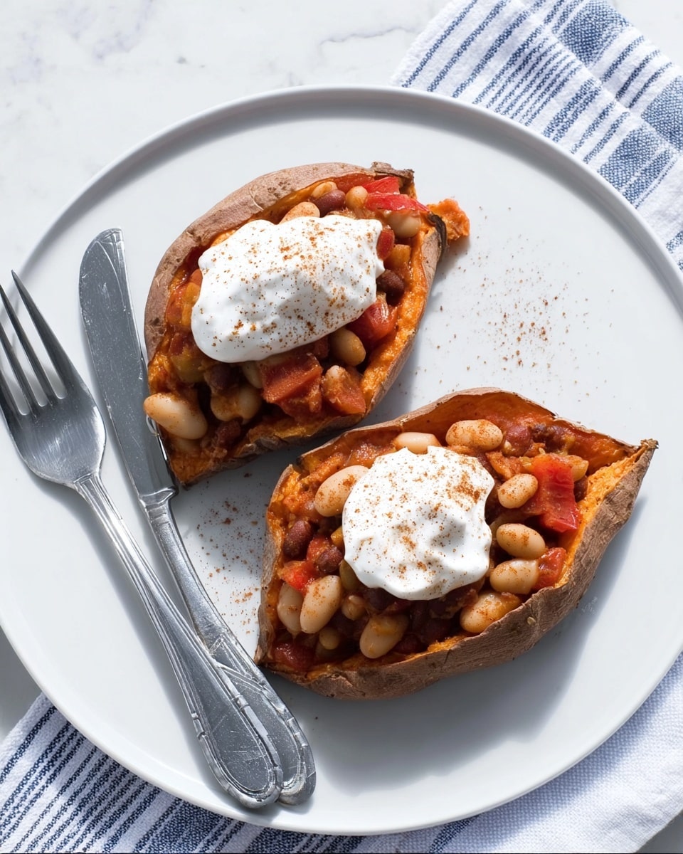 The image shows two sweet potato halves on a white plate, placed on a white marbled surface with a blue and white striped cloth nearby. Each sweet potato is filled with a layer of cooked beans in a tomato sauce, with the beans showing light and dark brown colors mixed with red tomato bits. On top of the bean layer, there is a generous dollop of white sour cream, sprinkled lightly with a reddish-brown spice, likely paprika. To the left side of the plate, a silver fork and knife with white handles rest on the plate’s edge. Photo taken with an iphone --ar 4:5 --v 7