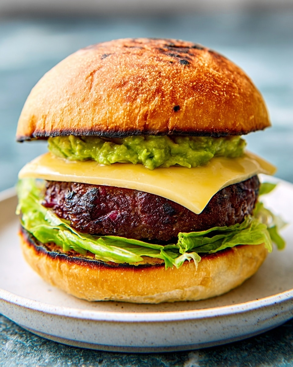 The image shows a close-up of a thick burger on a white plate with a slightly raised edge, placed on a white marbled surface. The burger has a golden brown toasted bun with grill marks on top. Inside, from bottom to top, there is a layer of green lettuce, a large dark brown grilled patty with a slightly rough texture, a slice of smooth pale yellow cheese, and a dollop of chunky green guacamole. There are bits of reddish sauce or jam spread inside the bottom and top bun, visible around the edges. The photo was taken with an iphone --ar 4:5 --v 7