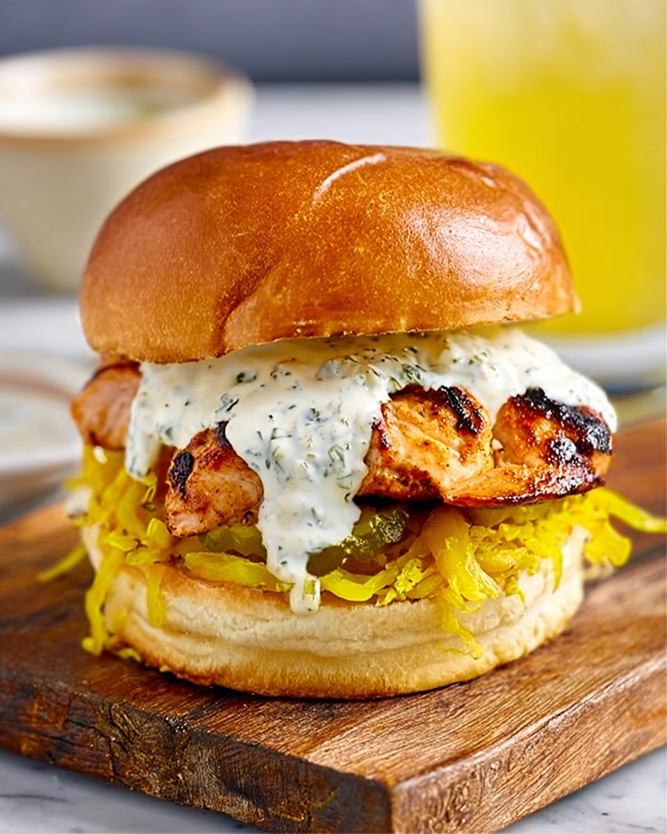 A close-up view of a sandwich on a toasted golden-brown bun. The bottom bun holds a layer of bright yellow shredded pickles or cabbage, topped by a grilled chicken piece with a slightly charred, golden-brown color. On top of the chicken is a thick drizzle of white sauce with green herbs, melting slightly down the sides. The top bun, also golden and soft, closes the sandwich. The sandwich sits on a rustic wooden board with a blurred yellow drink and small white bowl in the background, all on a white marbled surface. Photo taken with an iphone --ar 4:5 --v 7