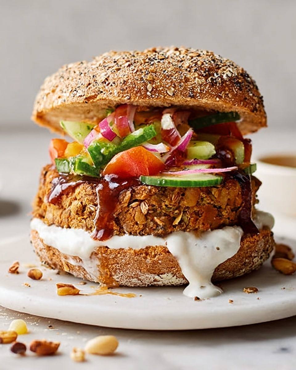 The image shows a sandwich with a multi-seed seeded bun that is golden brown and textured on top. The bottom bun is toasted and has a layer of white creamy sauce dripping down the sides. Above the sauce is a crispy, thick brown patty with a rough texture. On top of the patty are fresh green cucumber pieces, red tomato chunks, and some bits of chopped red onion, with a glossy, dark-brown sauce spread over them. The sandwich is placed on a white plate on a white marbled surface, with some small scattered pieces of vegetables and nuts around. Photo taken with an iphone --ar 4:5 --v 7