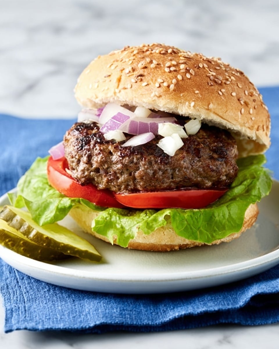 A sesame seed-topped bun sandwich is shown open-faced on a white plate with a blue cloth napkin underneath. The bottom bun holds a green leaf of lettuce, a thick slice of red tomato, and a pickle slice. On top rests a large grilled beef patty with a rough, browned exterior. The patty is topped with chopped white and purple onions. The top sesame bun is tilted back, showing the inside soft texture. The background is a white marbled surface. Photo taken with an iphone --ar 4:5 --v 7