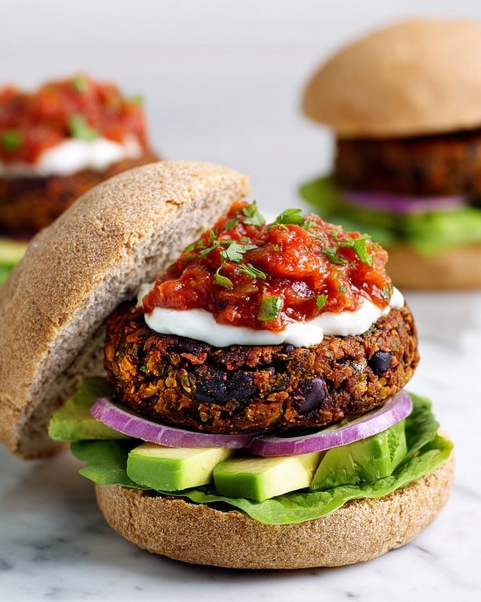 A sandwich with three main layers inside a whole wheat bun on a white marbled surface; the bottom bun is topped with green lettuce leaves, light green avocado slices, and thin purple onion rings; above them is a thick, dark brown veggie patty with a rough texture, topped with a dollop of white sauce and chunky red salsa with small green herbs; the top bun leans against the side, showing its soft, grainy inside. Another similar sandwich is blurred in the background. Photo taken with an iphone --ar 4:5 --v 7
