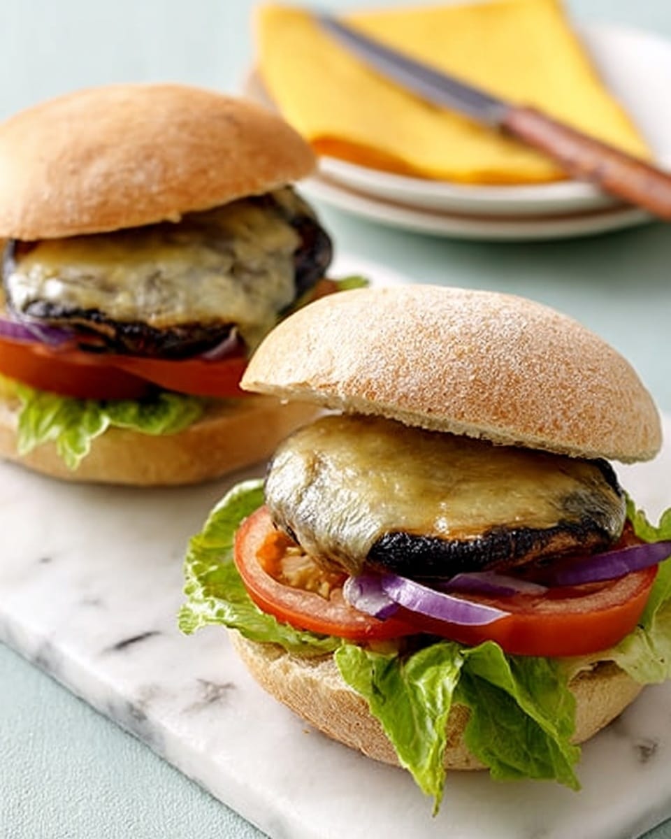 Two sandwiches are shown on a white marble surface, each made with round, light beige bread buns. The bottom halves hold fresh green lettuce leaves, thin slices of red tomato, and purple onion strips. On top of the vegetables lies a thick, dark brown grilled mushroom cap covered with melted pale yellow cheese. The top halves of the buns rest slightly open on the fillings. In the background, a white plate holds a yellow folded napkin and a knife with a brown handle. photo taken with an iphone --ar 4:5 --v 7