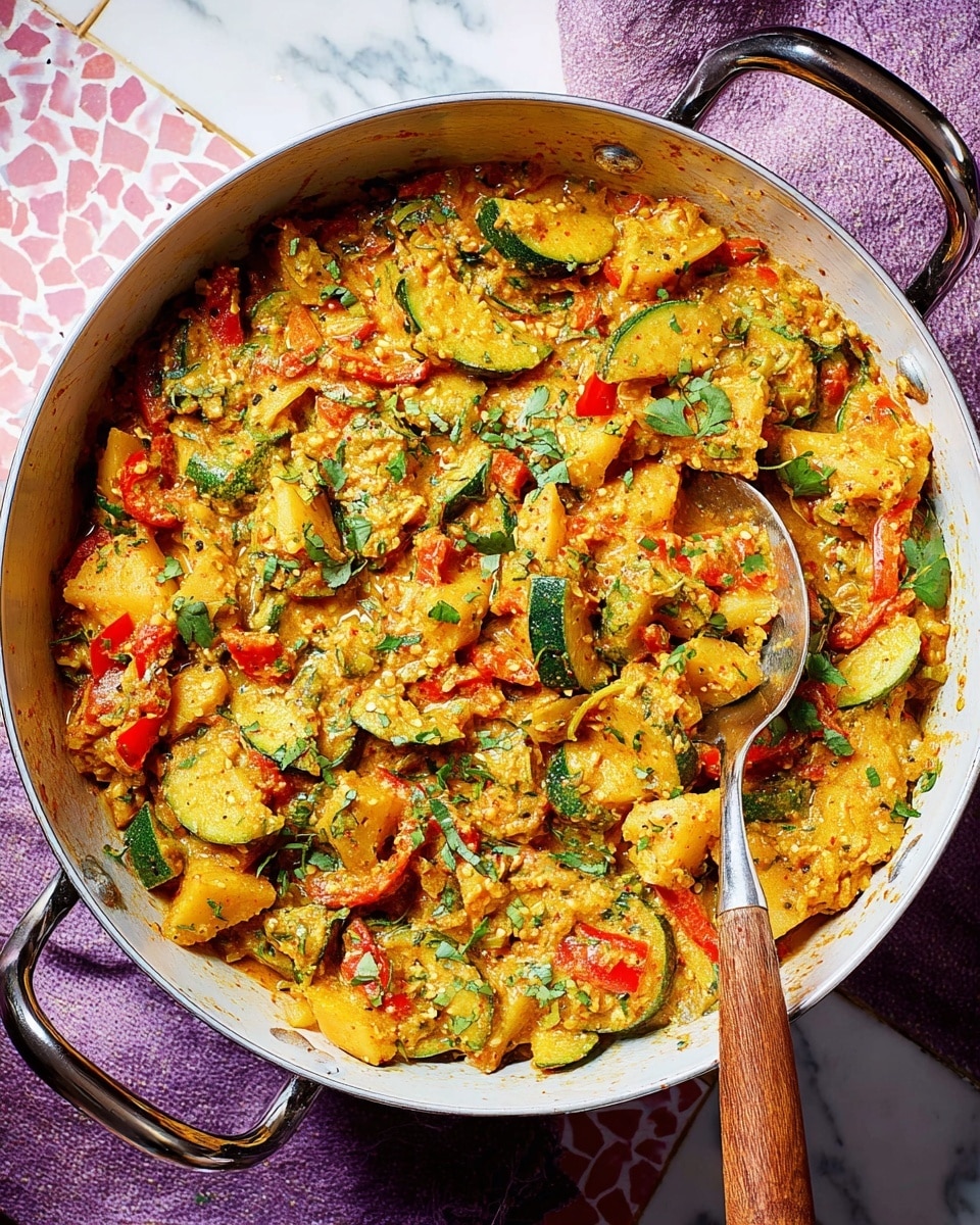A white metal pot filled with a vibrant vegetable curry, showing chunks of green zucchini, red bell pepper, and pieces of potato, all coated in a rich, thick, orange-yellow sauce with visible mustard seeds and chopped green herbs sprinkled on top; a silver spoon with a wooden handle rests inside the pot, partially covered by the curry, on a white marbled surface next to a purple and pink terrazzo pattern. photo taken with an iphone --ar 4:5 --v 7