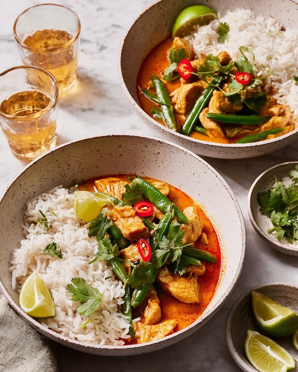 Two white speckled bowls are filled with a meal that has two main layers. On one side of each bowl, there is a pile of white rice with some individual grains visible. The other side holds a thick orange sauce with pieces of cooked chicken that look tender and small whole snap peas that are bright green. Red chili slices and fresh green cilantro leaves are scattered on top, adding color. A wedge of lime rests on the edge of each bowl. The bowls are placed on a white marbled surface with small side dishes of red chili slices and cilantro nearby. Two glasses of pale golden drink are also visible, and a woman's hand is reaching toward one bowl. Photo taken with an iphone --ar 4:5 --v 7