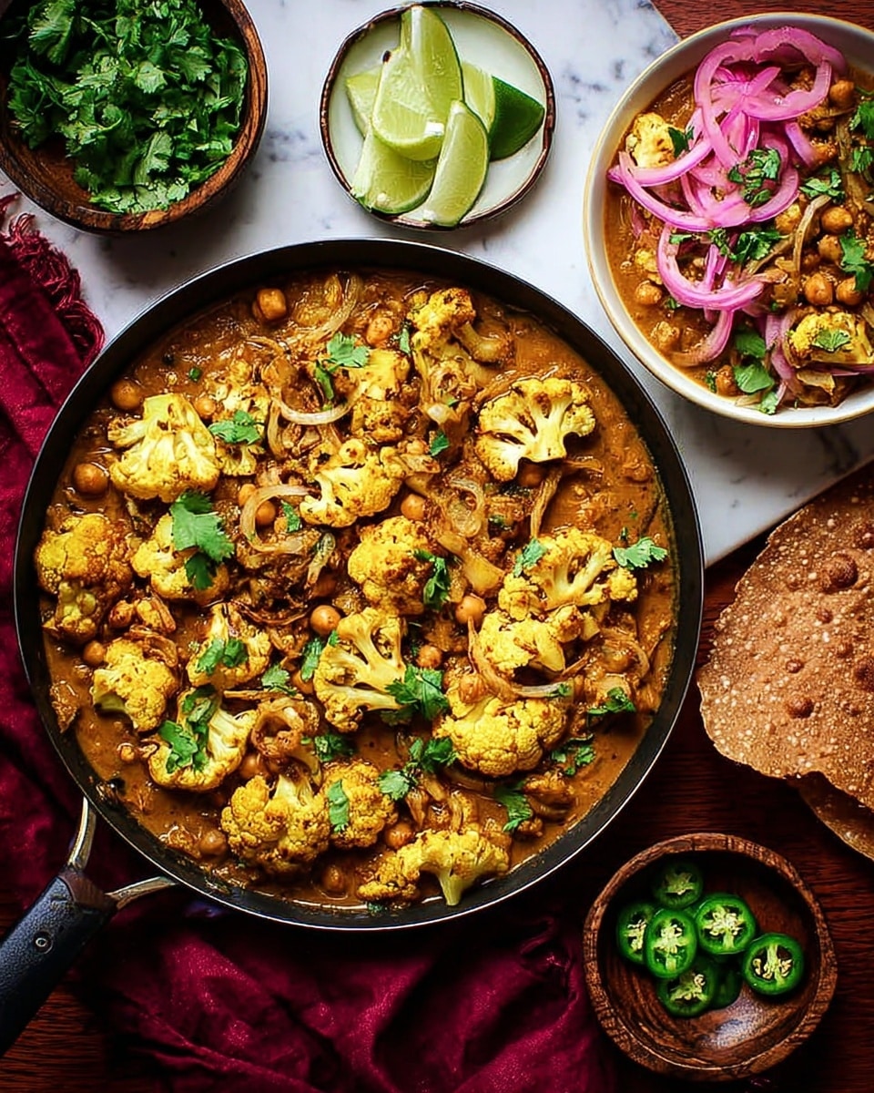 A close-up top view of a black pan filled with yellow cauliflower florets cooked in a creamy brown curry sauce with sliced onions and chickpeas, garnished with fresh green cilantro leaves scattered on top. Next to the pan, a white bowl contains more of the curry topped with green sliced chili and pickled red onions, alongside a piece of brown papadum resting on the side. Nearby, a small white bowl holds green lime wedges, and a white plate with chopped fresh cilantro and sliced green chilies is set on a white marbled surface beneath a folded dark red cloth. Photo taken with an iphone --ar 4:5 --v 7