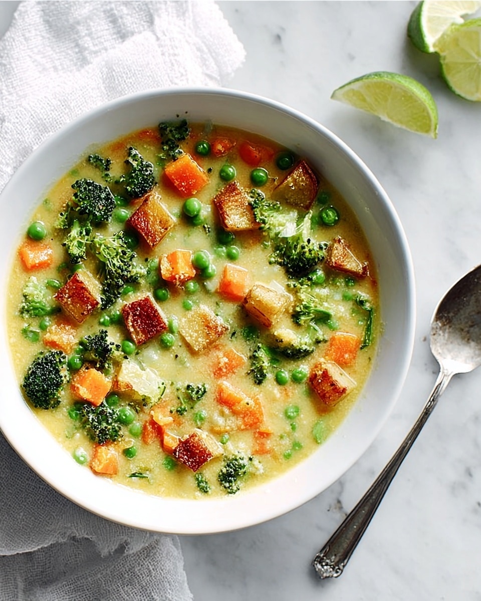 A white bowl filled with a creamy soup that has three visible layers: a thick pale yellow base with a smooth texture, topped with bright green peas and small broccoli florets, and scattered diced orange carrots and light brown roasted potato cubes. The bowl is placed on a white marbled surface, next to a white cloth and two lime wedges. photo taken with an iphone --ar 4:5 --v 7