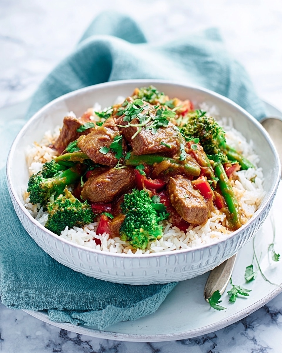 A bowl with three visible layers: the bottom layer is white rice with a soft and fluffy texture; the middle layer shows green broccoli pieces and red pepper pieces scattered unevenly; the top layer consists of chunks of brown meat and some green herbs sprinkled on top. The bowl itself is white with a light pattern on the edges, placed on a white plate on a soft light blue cloth, all set on a white marbled surface. Photo taken with an iphone --ar 4:5 --v 7