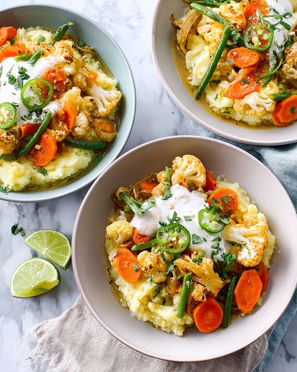 The image shows three white bowls placed on a white marbled surface. Each bowl holds a dish with three layers; the bottom layer is creamy yellow mashed potatoes, the middle layer is a mix of cooked vegetables including orange carrots, green beans, roasted white cauliflower, and browned onion slices, and the top layer consists of a dollop of white sauce garnished with thin round slices of green chili and chopped green herbs. A small lime wedge rests on the edge of each bowl, and two lime wedges lie on the surface near the bowls. A light-colored cloth is underneath one bowl. photo taken with an iphone --ar 4:5 --v 7