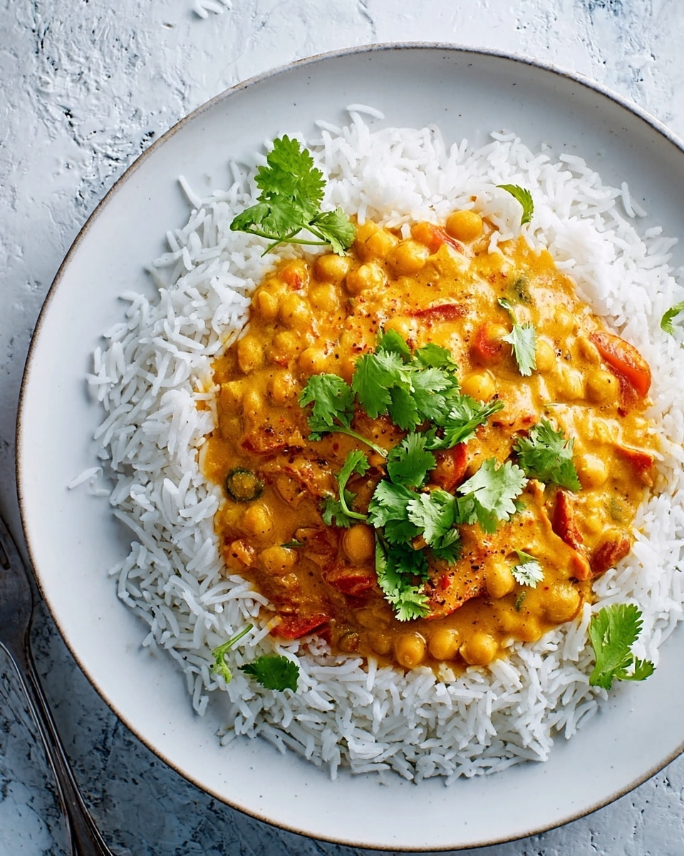 A white plate holds a serving of white rice spread in a circle around a center layer of creamy, orange-yellow chickpea curry with visible pieces of tomato and sprinkled with fresh green cilantro leaves on top, all placed on a white marbled textured surface with a small portion of a fork visible near the plate's edge. Photo taken with an iphone --ar 4:5 --v 7