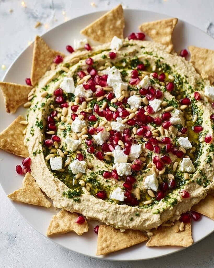 Layered Hummus with Spiced Tortilla Chips and Pomegranate Seeds Recipe