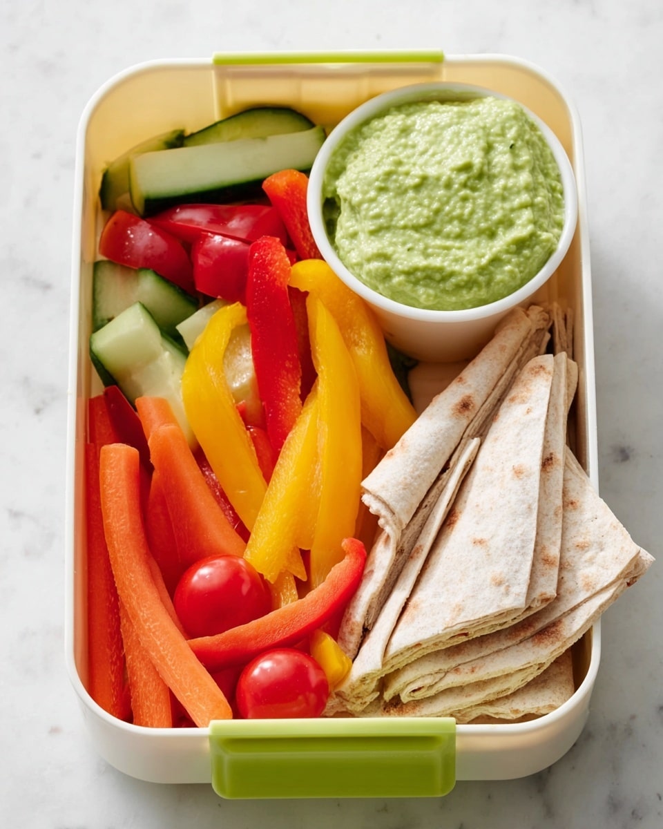 A white lunch box filled with a colorful mix of sliced fresh vegetables including red bell pepper, yellow bell pepper, cucumber, carrot, and tomato wedges in the left section, alongside a few pieces of flatbread stacked in the bottom right section. On the top right corner inside the box, there is a small white bowl with a green dip, likely guacamole or a creamy avocado sauce, with a smooth but slightly chunky texture. The entire lunch box is placed on a white marbled surface. photo taken with an iphone --ar 4:5 --v 7