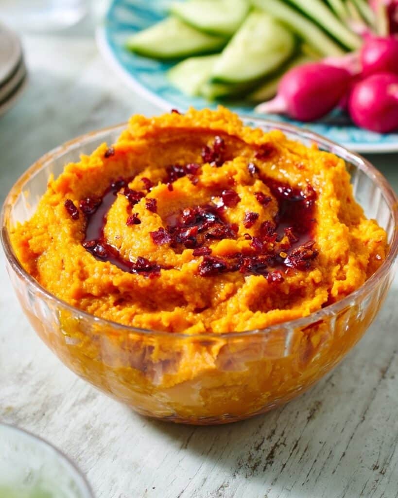 Carrot & Cumin Hummus with Swirled Harissa Recipe