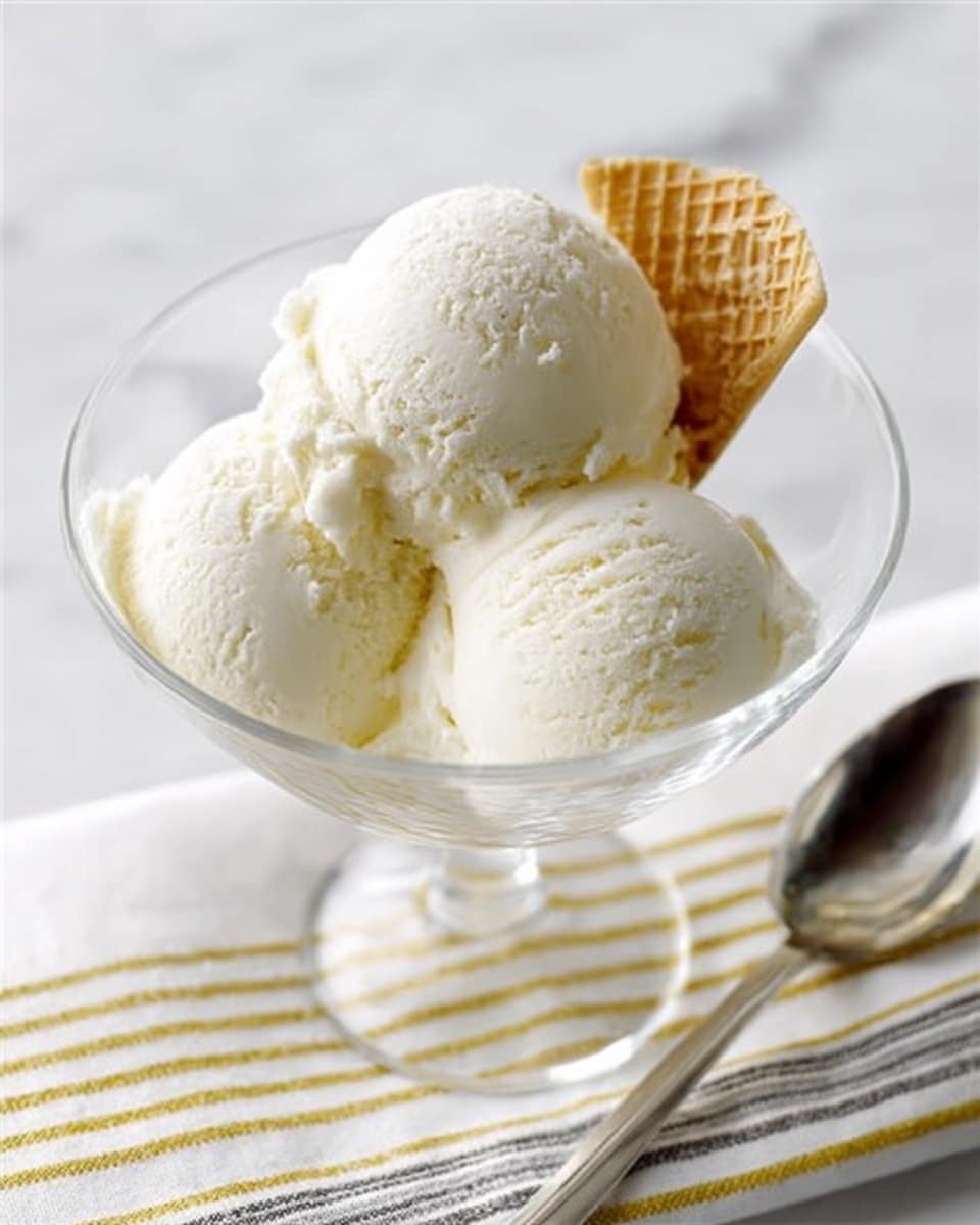 The image shows a clear glass bowl filled with four smooth, creamy scoops of white vanilla ice cream arranged closely together. Behind the top right scoop, a small waffle piece is placed upright, adding texture and color contrast to the dessert. The bowl is set on a folded white cloth napkin with yellow, gray, and black stripes arranged horizontally. To the right of the bowl on the white marbled surface, there is a silver spoon resting on the napkin, enhancing the simple and clean presentation. Photo taken with an iphone --ar 4:5 --v 7