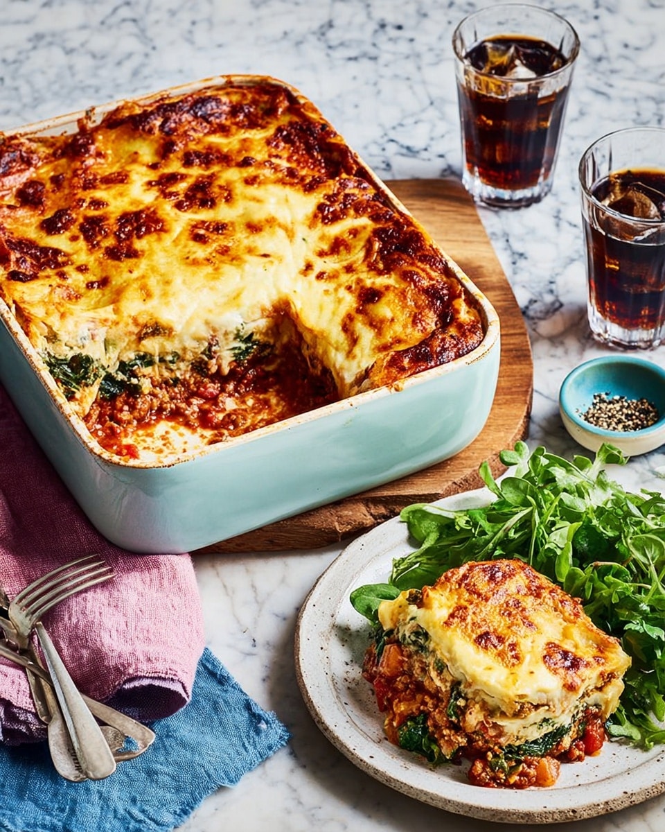 A baked casserole in a light blue rectangular baking dish with a golden brown, bubbly cheese layer on top, showing a cut section revealing three layers inside: a bottom layer of cooked vegetables and greens, a middle layer of red tomato sauce and crumbly cheese, and a top thick melted cheese layer with browned spots. On the right, a white plate holds a serving of the casserole with visible mixed vegetables and melted cheese, alongside a bunch of fresh green leafy salad. Two tall clear glasses filled with dark soda and a small dish of black pepper sit on a wooden board with a pink cloth underneath the baking dish and two forks resting on blue cloths nearby, all placed on a white marbled textured surface. photo taken with an iphone --ar 4:5 --v 7