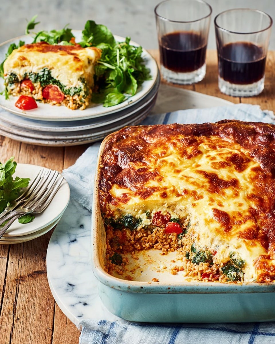 A close-up of a layered baked casserole in a light blue ceramic baking dish with a browned, bubbly cheese top layer. One corner is scooped out, revealing layers underneath: a golden melted cheese top, followed by a light yellow creamy layer, and a mixed layer of cooked green leafy vegetables and diced red tomatoes with a grainy, crumbly texture at the bottom. A white plate nearby shows a portion of the casserole beside green leafy salad, resting on a stack of two other white plates on a wooden surface with a white marbled texture. Two glasses of dark beverage are placed near the plates, with a silver fork nearby. Photo taken with an iphone --ar 4:5 --v 7