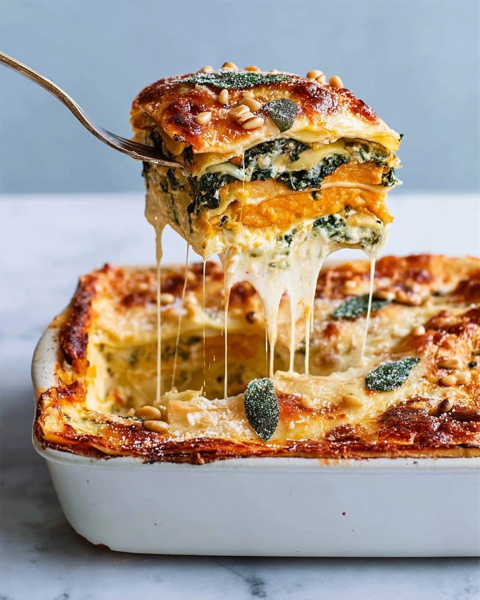 A baked lasagna square is being lifted with a fork over a white dish on a white marbled surface. The lasagna has five visible layers: the top layer is golden brown melted cheese with pine nuts and green herbs scattered on it, the second layer is a smooth white sauce, the third layer shows a bright orange vegetable filling, the fourth layer has wilted dark green leafy vegetables, and the bottom layer is light yellow pasta sheets. Strings of melted cheese stretch from the lifted piece back to the dish, adding a gooey texture. photo taken with an iphone --ar 4:5 --v 7