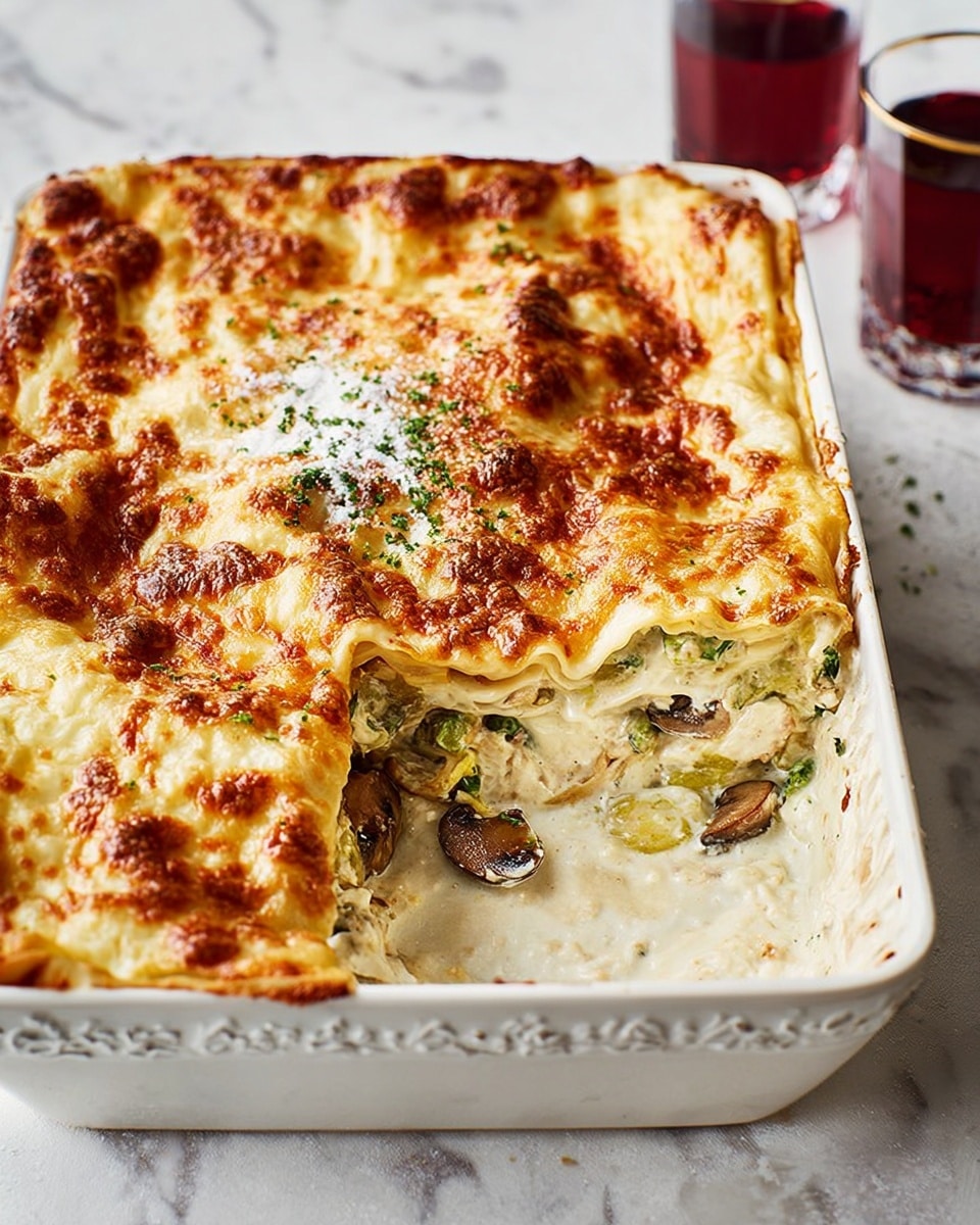 This image shows a baked lasagna in a white decorative rectangular dish on a white marbled textured surface. The lasagna has a golden-brown bubbly cheese layer on top, slightly browned and uneven in color, with a section cut out revealing the inside. Inside, you can see several layers, including creamy white sauce mixed with pieces of green vegetables and mushrooms, and thin pasta sheets. The texture inside looks soft and slightly chunky from the vegetables. There are two glasses with a dark red drink in the background, slightly blurred. photo taken with an iphone --ar 4:5 --v 7