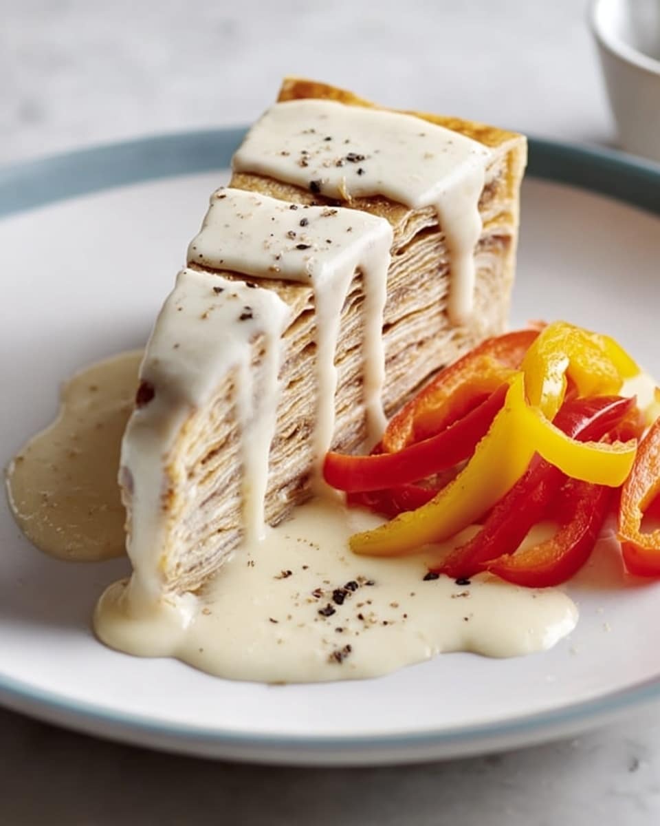 A white plate holds a slice of light yellow crepe roll filled with dark brown chocolate layers, topped with a white creamy sauce that drips down the sides. Around the crepe slice are small pieces of red and yellow bell peppers, also covered lightly in the white sauce. Some black pepper flakes are sprinkled on top of the sauce. The plate rests on a white marbled surface. Photo taken with an iphone --ar 4:5 --v 7