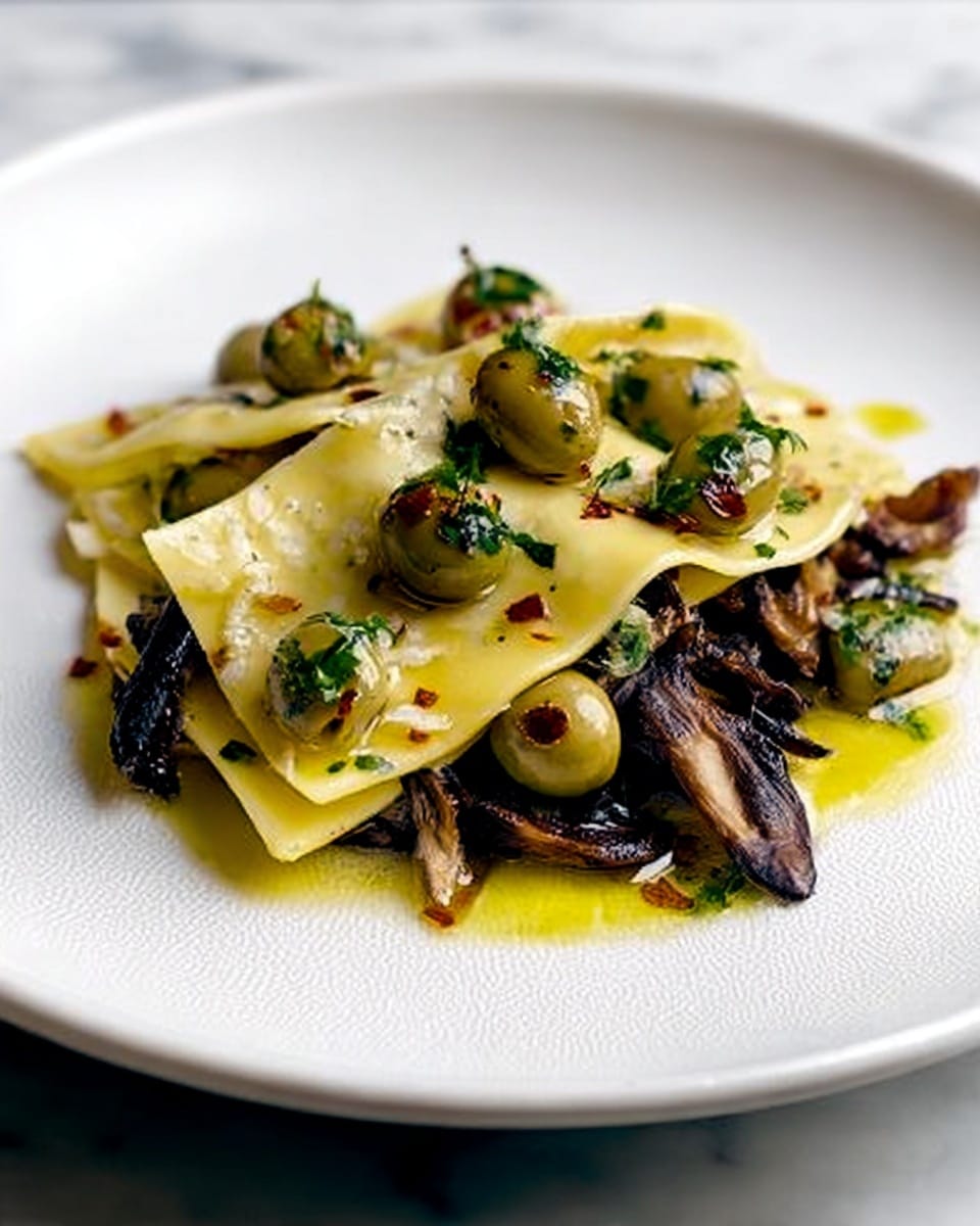 A white plate holds a dish with three thin, pale yellow pasta sheets folded over each other, forming the top layer. Under the pasta, there is a mix of dark brown, slightly crispy mushrooms with rough textures. Scattered on top and around the pasta are shiny green olives with a smooth surface, decorated with small green herb leaves and tiny red chili flakes. A light drizzle of golden oil glistens over the entire dish. The plate is set on a white marbled surface. photo taken with an iphone --ar 4:5 --v 7