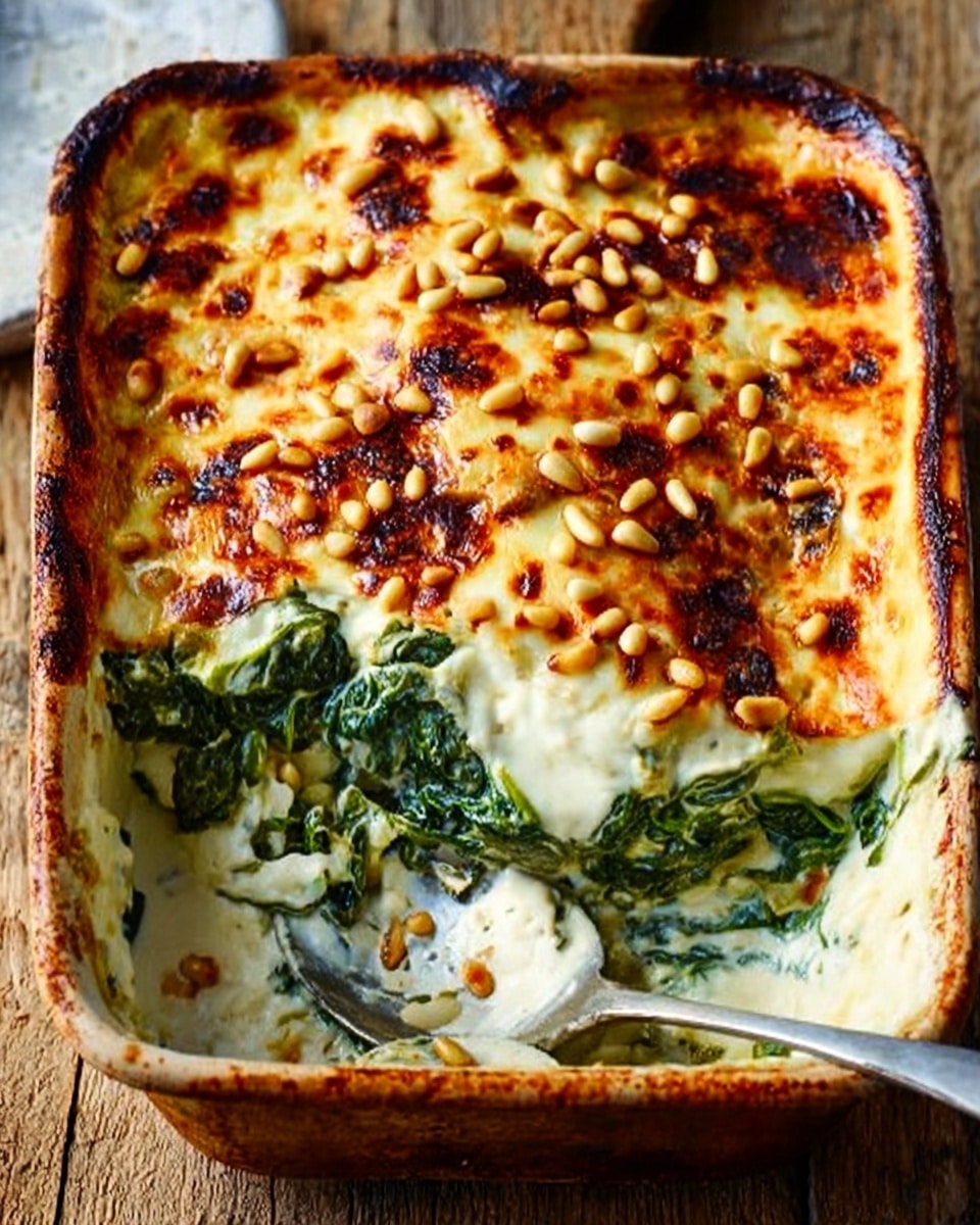 The image shows a square baking dish filled with a baked spinach and cheese casserole. The top layer is golden brown melted cheese, dotted with toasted pine nuts, and has a slightly bubbly texture with browned spots. A square piece has been cut out, revealing the creamy white sauce mixed with wilted green spinach leaves inside. The baking dish sits on a wooden surface, and a spoon with some sauce is placed nearby. The dish looks rich and cheesy with a crunchy top layer and soft, creamy, green-filled inside. photo taken with an iphone --ar 4:5 --v 7