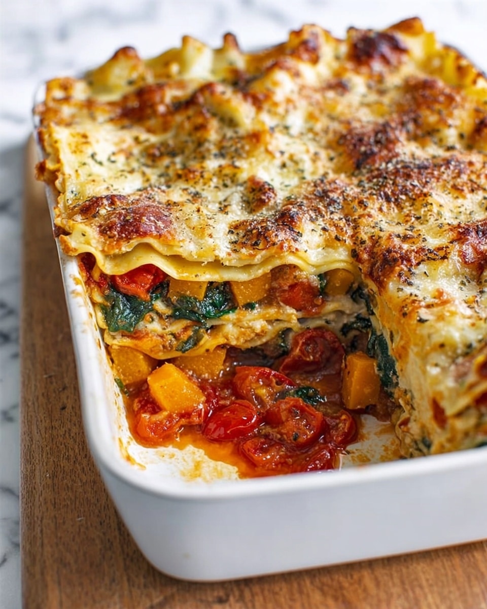 A white rectangular baking dish shows a layered vegetable lasagna with a golden-brown, bubbly cheese top layer sprinkled lightly with herbs and pepper. Just under the top, pasta sheets are visible, soft and slightly wavy. Below the pasta, there is a vibrant mix of cooked spinach and cherry tomatoes, rich with red and dark green colors. The bottom layer has chunks of roasted orange butternut squash mixed with some more tomato pieces, all sitting in a small pool of tomato sauce. The dish is placed on a wooden surface against a white marbled background. Photo taken with an iphone --ar 4:5 --v 7