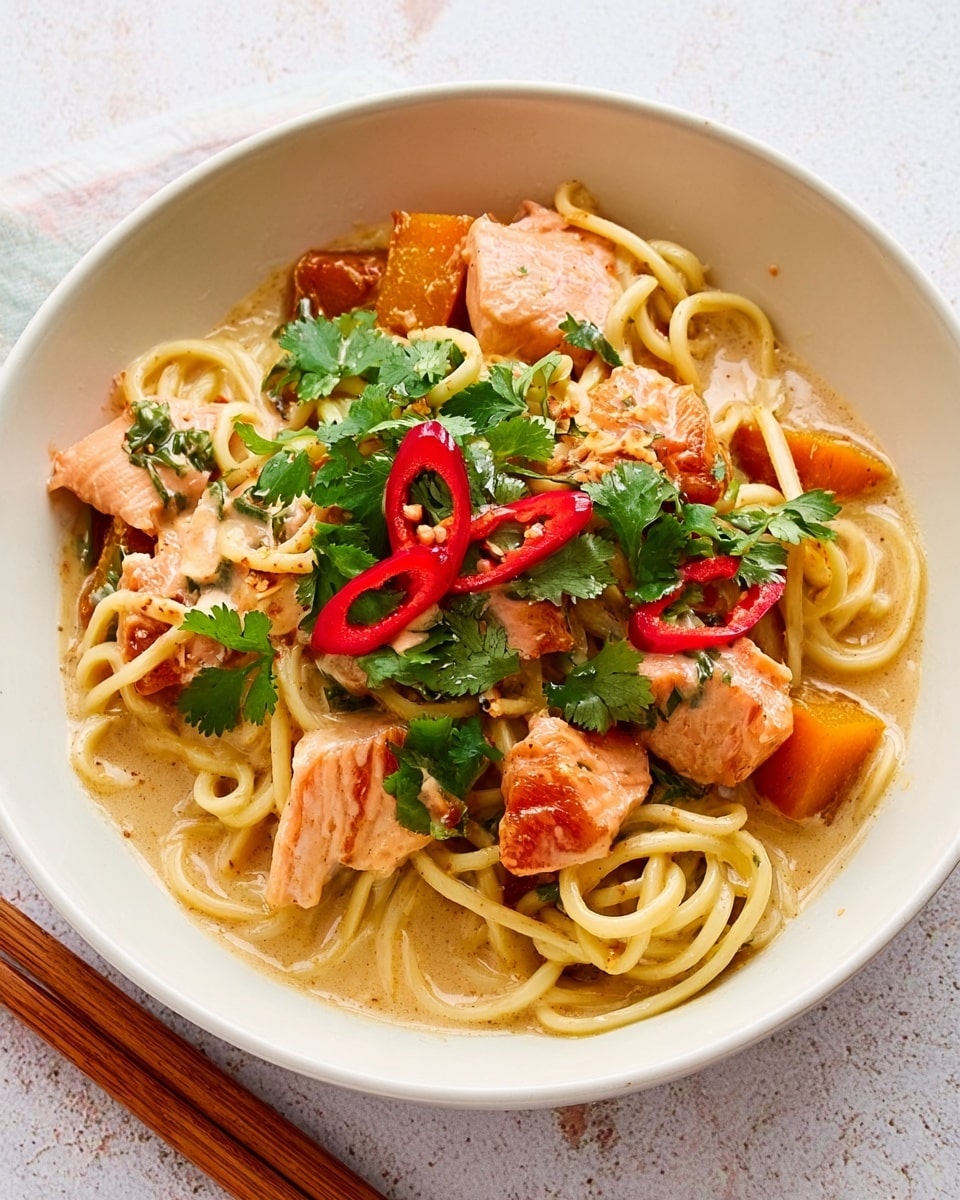 A white bowl filled with a noodle dish shows several layers starting from the bottom with light yellow, thick noodles tangled together. Mixed in with the noodles are orange chunks of roasted squash and pieces of cooked salmon in pinkish-orange color. On top, a creamy beige sauce lightly coats the noodles and fish. Fresh green cilantro leaves and thin slices of red chili peppers are scattered on the surface, adding bright green and red colors. The bowl sits on a white marbled textured surface, and wooden chopsticks rest next to it. photo taken with an iphone --ar 4:5 --v 7