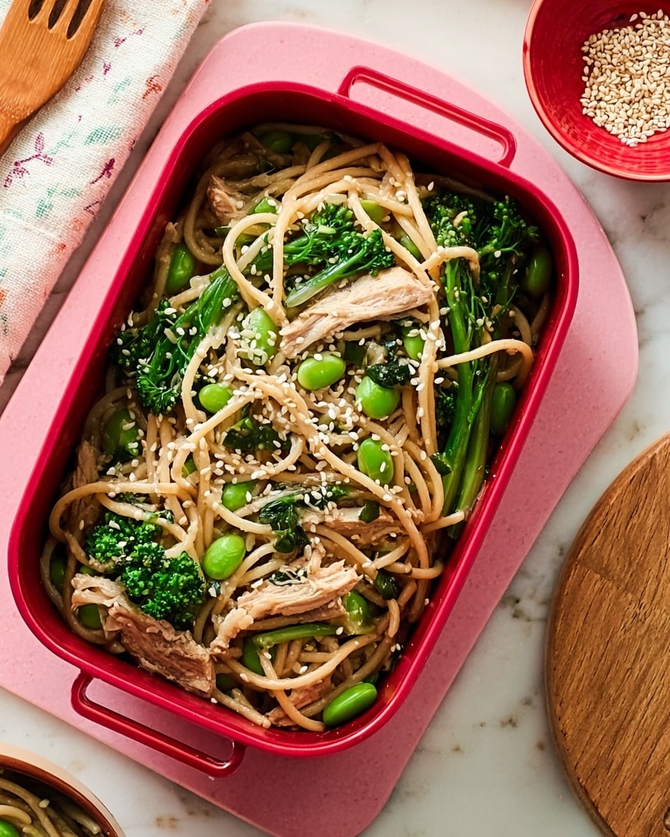 A close-up image of a red rectangular container filled with a noodle dish, resting on a pink rectangular mat over a white marbled surface. The dish has three visible layers: the bottom layer is light brown thin noodles, mixed throughout with green vegetables like broccolini and edamame beans; the middle layer contains pieces of shredded light brown chicken; the top layer is sprinkled with white sesame seeds, adding texture. On the left side, there is a wooden fork next to a folded white paper napkin. A red bowl with sesame seeds is partially visible in the top right corner, and a round wooden board is seen on the right. Photo taken with an iphone --ar 4:5 --v 7