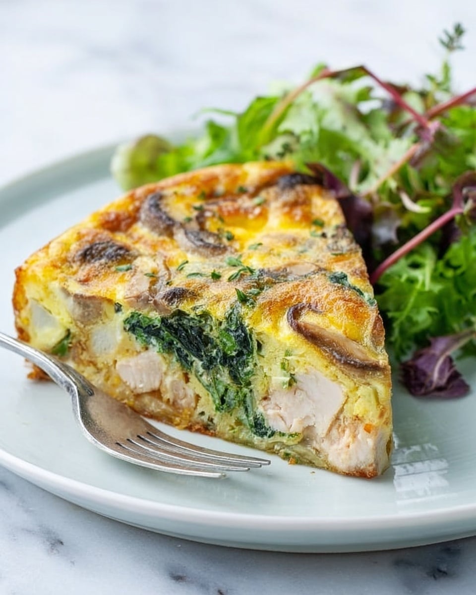 A slice of frittata sits on a white plate, showing three visible layers: the bottom layer is a light cream color with chunks of white fish, the middle layer is fluffy yellow egg mixed with green leafy spinach and small roasted brown mushrooms, and the top layer is golden brown with melted melted cheese spots and browned herbs. To the right of the slice is a small fresh side salad of mixed green leaves, light red-purple leaves, and a few stems. The plate is set on a white marbled surface, with a silver fork resting near the slice. Photo taken with an iphone --ar 4:5 --v 7