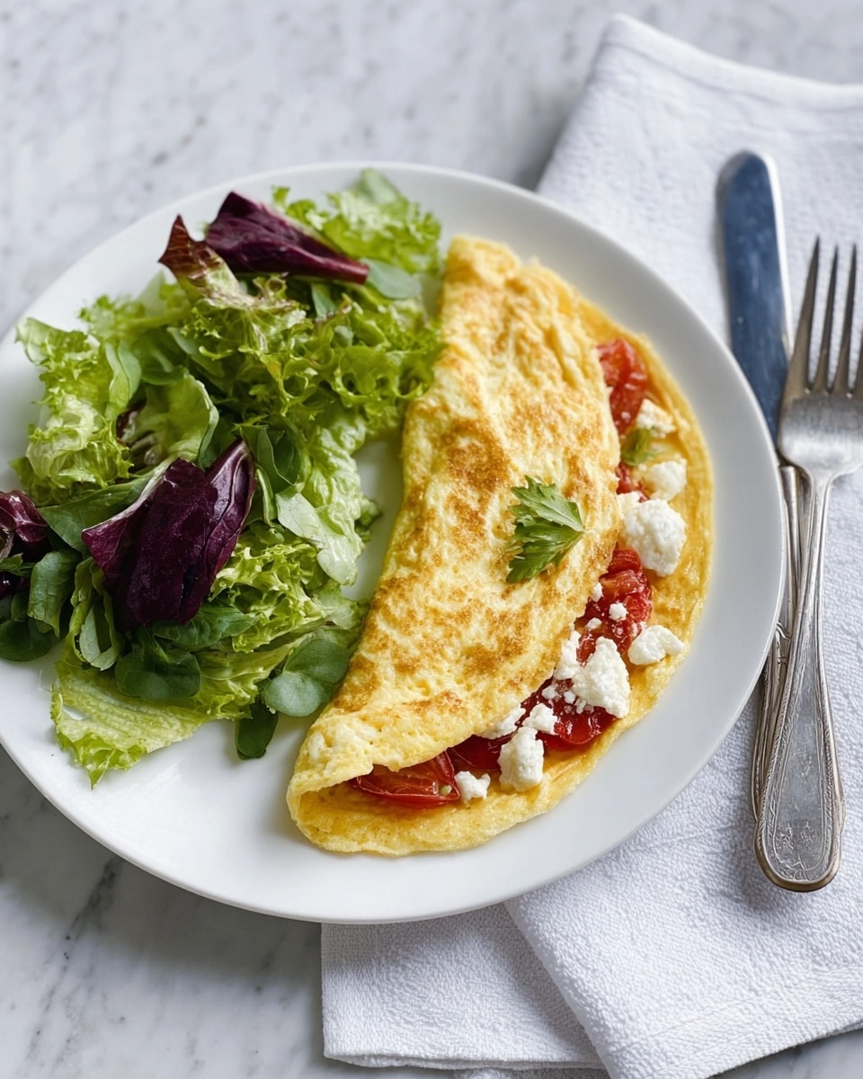 A white plate sits on a white marbled surface. On the plate, there is a folded golden-yellow omelette on the right side, partially open to show a red tomato filling and small white chunks of soft cheese inside. On the left side of the plate is a fresh salad with light green frilly lettuce leaves mixed with dark purple leafy greens. Next to the plate on the right side are a silver fork and knife resting on a white cloth. Photo taken with an iphone --ar 4:5 --v 7