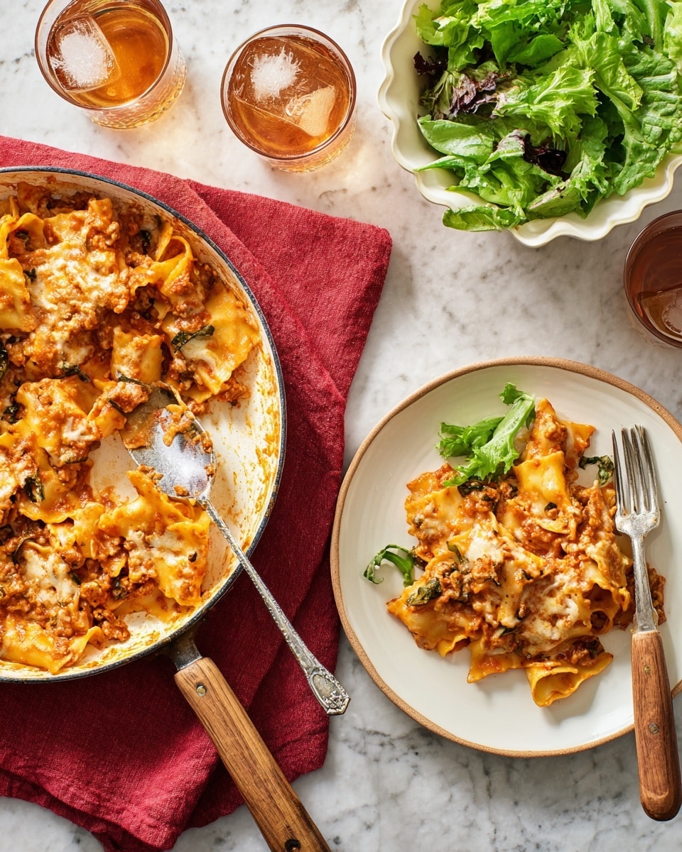 A white skillet shows about half of a baked pasta dish left inside, the pasta sheets soft and unevenly layered, covered with thick, chunky orange-red sauce with bits of vegetables and melted cheese on top creating a bubbly texture. Nearby, on a white plate sits a serving of the same pasta with sauce, topped with fresh green mixed leaves adding contrast, accompanied by a fork with a silver head and wooden handle resting on the plate edge. Two glasses with amber-colored drinks and ice cubes are placed above next to a white scalloped bowl with more mixed green leaves, all set on a white marbled surface with a red cloth napkin under the plate. Photo taken with an iphone --ar 4:5 --v 7