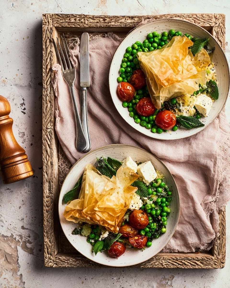 Two white shallow bowls each hold a dish with two golden brown, crispy filo pastry parcels on one side. Next to the parcels are bright green peas, roasted red cherry tomatoes, white chunks of soft cheese, and dark green leafy herbs scattered throughout. The bowls are placed on a rustic wooden tray with intricate carved edges that rests on a light pink linen cloth. To the left of the tray, there is a silver fork and knife set and a wooden pepper grinder. The photo is taken from above on a white marbled texture surface. photo taken with an iphone --ar 4:5 --v 7