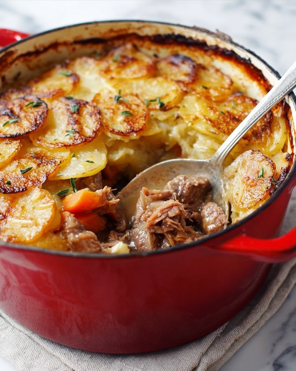 A red round pot filled with a layered dish, showing two main layers: the bottom layer consists of chunks of cooked meat with light brown sauce and soft pieces of orange carrot, the top layer is made of thinly sliced golden brown potatoes with a crispy, browned surface and a slightly oily texture, sprinkled with small green herb leaves. A silver spoon is scooping some of the meat and carrot mixture from the pot. The pot is set on a folded light-colored fabric over a white marbled surface. Photo taken with an iphone --ar 4:5 --v 7