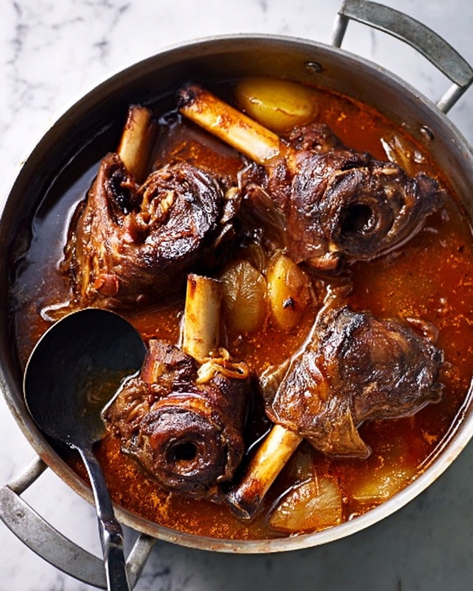 The image shows a round metal pot filled with four large cooked lamb shanks in a rich reddish-brown sauce, placed on a white marbled surface. The lamb shanks have dark caramelized skin with browned, visible bones sticking out from the top, and are partially submerged in the thick sauce. Slices of cooked onion and soft potato pieces are scattered within the sauce around the lamb shanks. A large black ladle with some sauce is lying beside the pot on the white marbled surface. The lighting highlights the glossy texture of the meat and sauce, creating an inviting look. Photo taken with an iphone --ar 4:5 --v 7