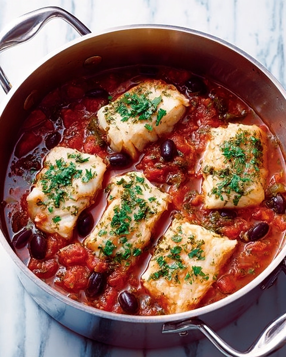 The image shows a shiny silver pot filled with a tomato-based sauce that is deep red with chunks of tomatoes and pieces of black olives scattered throughout. On top, there are four thick, light beige fish fillets evenly placed, each sprinkled with chopped green herbs. The pot is set on a white marbled surface and has two handles visible on each side. The sauce looks thick and rich, while the fish pieces appear soft and flaky. Photo taken with an iphone --ar 4:5 --v 7