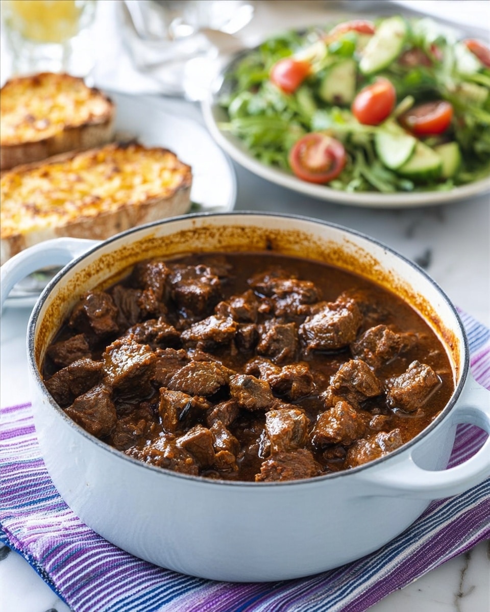 The image shows a large white pot filled with dark brown chunks of stewed meat in a rich sauce, sitting on a striped cloth with purple, blue, and white stripes on a white marbled surface. Behind the pot, there is a white plate filled with a fresh green salad that has pieces of tomatoes and cucumber, and another plate with toasted bread topped with a golden baked mixture. The photo has bright, natural light, and the whole scene looks fresh and inviting. Photo taken with an iphone --ar 4:5 --v 7