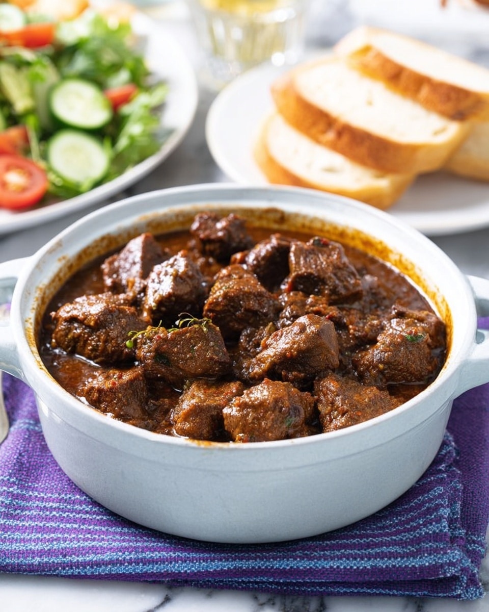 A white pot filled with dark brown cooked chunks of meat in thick sauce, placed on a purple and blue striped cloth over a white marbled surface. In the blurred background, there is a white plate with bright green salad containing cucumber and tomatoes on the left, and a white plate with two pieces of toasted bread on the right. The image shows rich textures of the cooked meat and sauce, with visible herbs and spices. photo taken with an iphone --ar 4:5 --v 7