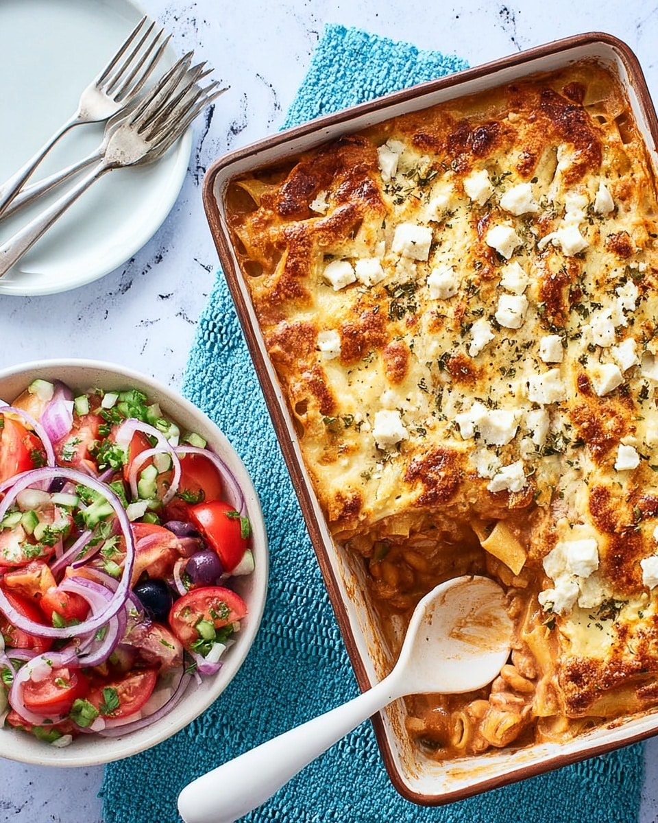 The image shows a rectangular brown baking dish filled with baked pasta that has a creamy, lightly browned top layer sprinkled with small white cheese chunks and herbs. Inside, you can see layers of tubular pasta mixed with a tomato-based sauce and melted cheese. A spoon is digging into the corner, revealing the creamy sauce and pasta underneath. To the left is a white bowl filled with a fresh salad of sliced red onions, black olives, chopped tomatoes, and green herbs on top of pasta. The dish and salad bowl rest on a blue checkered cloth over a surface with a white marbled texture. Photo taken with an iphone --ar 4:5 --v 7