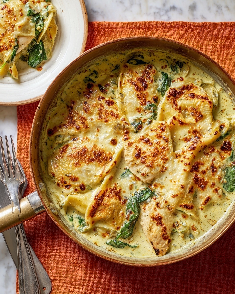 A round pan filled with a creamy dish with two main visible layers: the top layer is golden brown melted cheese with some crispy spots, covering folded flat pieces of pasta or crepes with a lightly uneven surface; beneath this is a pale green creamy sauce with visible spinach leaves and pieces of thick chicken breast that have a light brown cooked edge. The pan sits on an orange cloth on a white marbled surface. In the upper left corner, there is a white plate holding a portion of the same creamy pasta with chicken, next to a silver knife and fork. Photo taken with an iphone --ar 4:5 --v 7