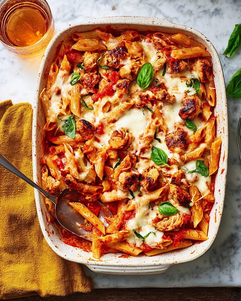 A white ceramic baking dish filled with baked penne pasta covered in a bright red tomato sauce, scattered with browned chunks of grilled chicken and melted, slightly gooey white cheese on top. Fresh green basil leaves are sprinkled over the dish, adding a pop of color. A spoon rests inside the dish, partially lifting some of the pasta. The dish is placed on a white marbled surface with a mustard yellow cloth folded next to it and a glass of amber-colored drink nearby. photo taken with an iphone --ar 4:5 --v 7