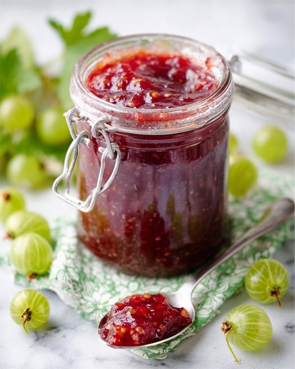 A clear glass jar filled with deep red jam, showing a thick, slightly textured layer of fruit preserve inside. The jam's surface is glossy with visible bits of fruit, and the jar is topped with a clamp-style metal lid, leaning open to the side. The jar sits on a white marbled texture surface covered partially by a light green patterned cloth. Fresh green gooseberries and leaves are scattered nearby, adding color contrast. In front of the jar is a silver spoon resting on the cloth, holding a spoonful of the same red jam with visible seeds and fruit pieces. Photo taken with an iphone --ar 4:5 --v 7