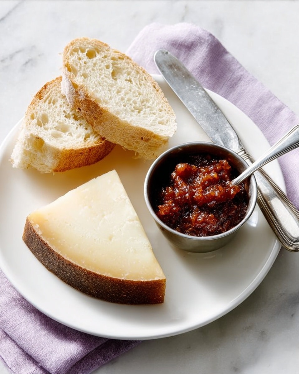 A white plate on a white marbled surface holds three main items: a thick triangular wedge of cheese with a brown rind, two slices of light golden bread with a soft inside on the upper left, and a small metal bowl filled with a chunky reddish-brown chutney placed towards the top center. A silver spoon rests inside the bowl, with its handle pointing right. A silver butter knife lies on the plate's right edge, its blade facing down. The plate is set on a folded light purple cloth. Photo taken with an iphone --ar 4:5 --v 7