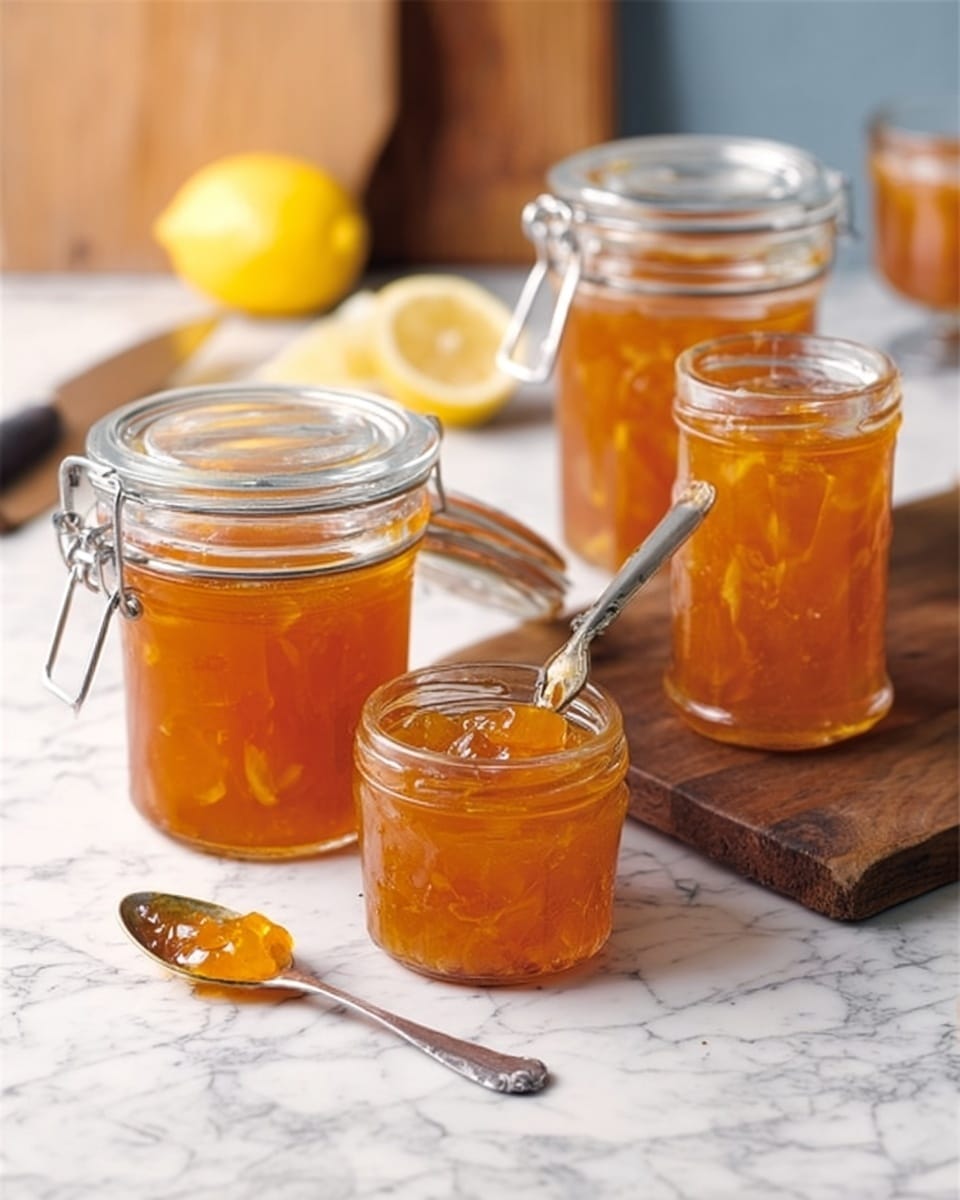 The image shows four glass jars filled with golden orange marmalade, each with small pieces of fruit visible inside. The jars are different shapes: one jar in front has a metal clasp lid and is open with marmalade inside, another tall jar behind it also has a clasp lid, while the other two rounder jars in the back have metal lids; one jar has a spoon inside it. A small metal spoon with marmalade on it lies on a light wooden surface in front of the jars. In the background, part of a lemon is visible. The entire scene sits on a white marbled surface. Photo taken with an iphone --ar 4:5 --v 7