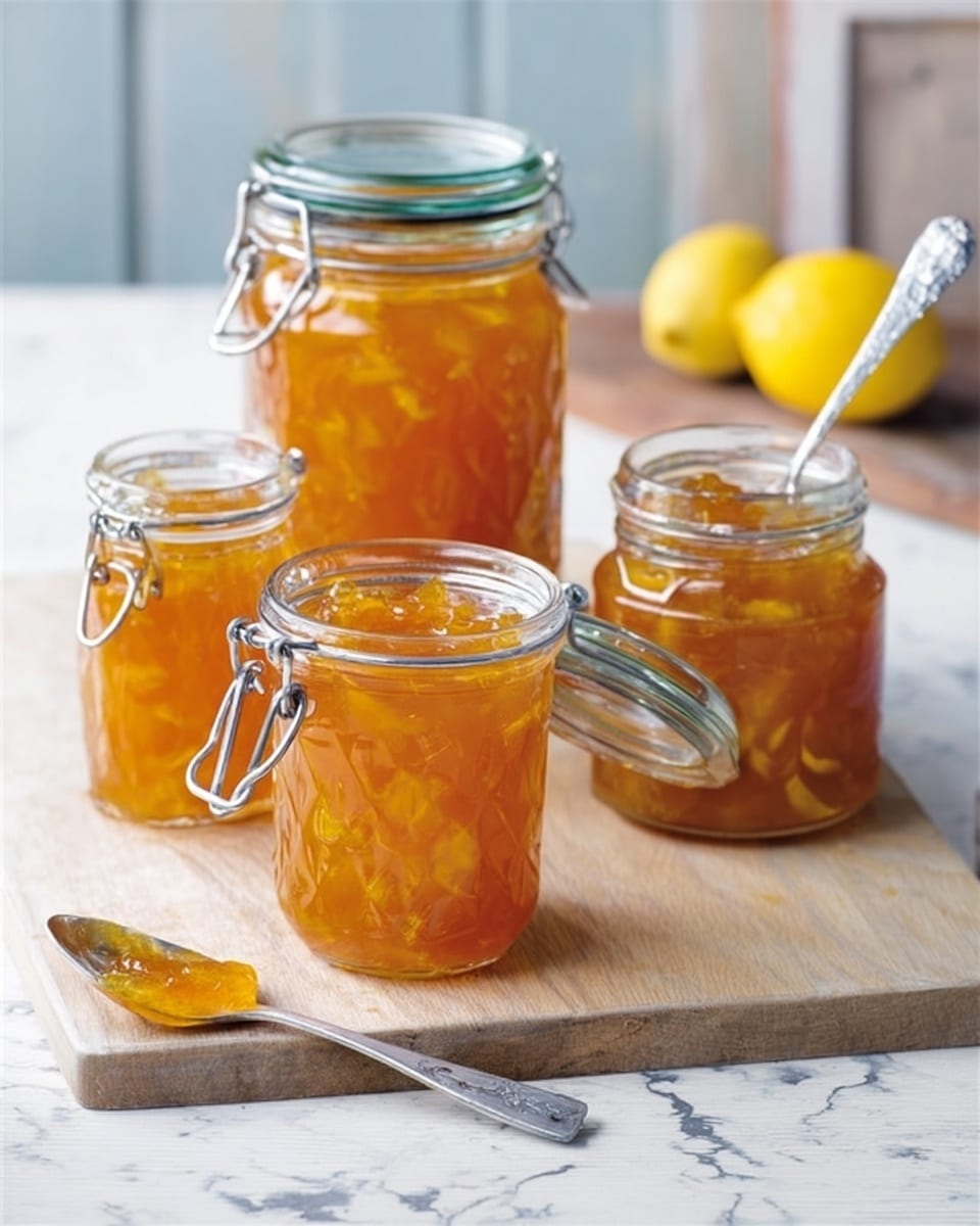 The image shows four glass jars filled with amber-orange marmalade, placed on a wooden table. One jar is smaller, open, and closer to the front right with a spoon inside it. Another jar with a clasp lid is on the left, mostly full with marmalade visible through the glass. Two more jars with open tops sit behind, one with a spoon sticking out. A silver spoon with some marmalade is on the table near the front. Background includes a sliced lemon and kitchen items softly out of focus. The surface is a white marbled texture. Photo taken with an iphone --ar 4:5 --v 7