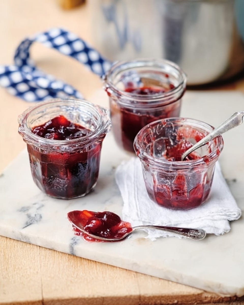 The image shows three small clear glass jars arranged on a light wooden surface with a white marbled texture. Two jars are filled with a dark red thick jam that has visible fruit pieces, one jar is empty but has red jam stains inside. A small silver spoon with some jam on it lies next to one filled jar on a folded white napkin. In the background, there is a silver metal container partially visible, and a woman's hand is holding it. A blue and white checkered ribbon is casually placed nearby. The photo taken with an iphone --ar 4:5 --v 7