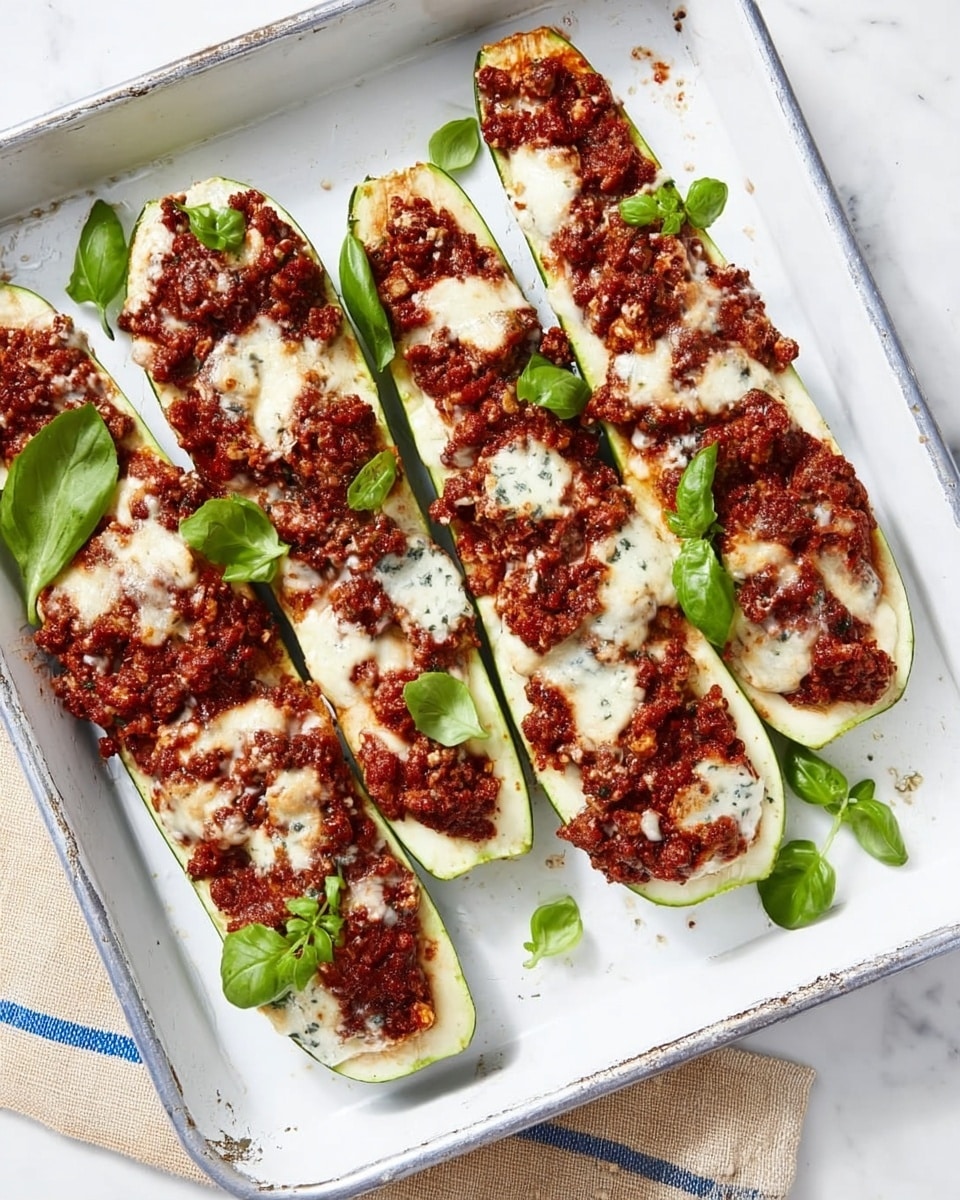 The image shows four zucchini boats placed side by side on a white metal tray. Each zucchini boat is cut lengthwise and scooped out to form a base layer of pale green. On top of each is a thick layer of chunky dark red tomato sauce mixed with small bits of minced meat, covering the length of the boats. There are spots of melted white cheese scattered unevenly over the sauce. Fresh bright green basil leaves are placed on top and around the boats for garnish. The tray sits on a white marbled surface with a beige and blue cloth partially under the tray. Photo taken with an iphone --ar 4:5 --v 7
